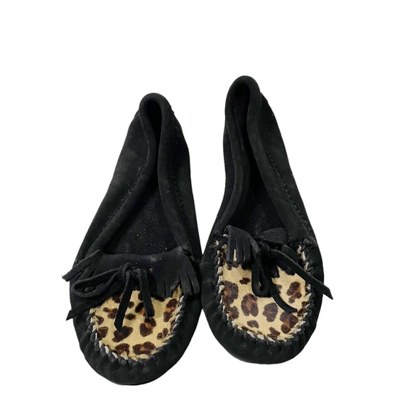 Minnetonka Moccasin Black Cheetah Leopard Print Dyed Calf Hair Moccasins Size 8 - Picture 2 of 6